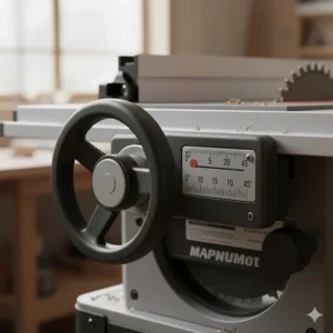 Illustration of the front-facing bevel adjustment wheel and degree scale for accurate angled cuts.