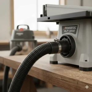 The rear dust collection port of a table saw connected to a shop vacuum hose.