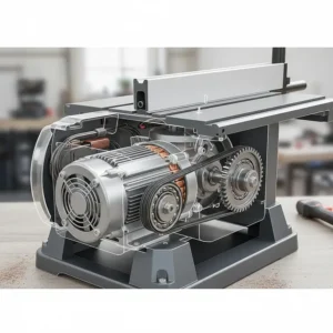Cutaway illustration of a high-torque motor inside a professional benchtop table saw.