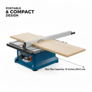Illustration demonstrating the maximum rip capacity of a compact table saw using the extendable fence.