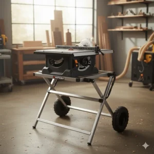 Illustration of a professional benchtop table saw mounted on a foldable rolling gravity stand.