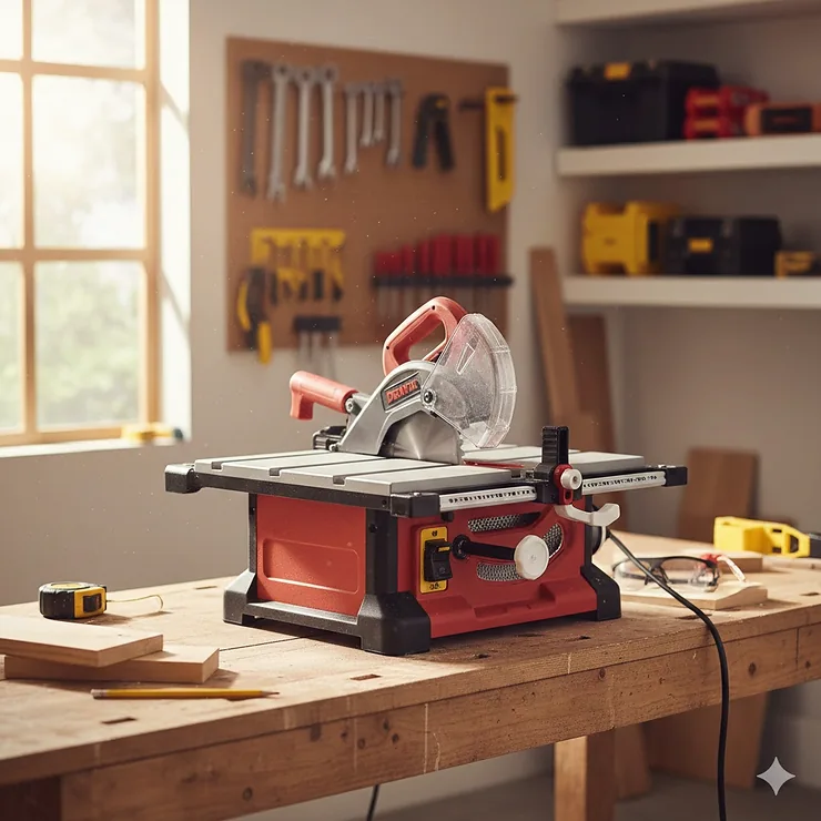 A high-quality portable benchtop table saw on a wooden workbench in a home garage workshop. benchtop table saw under 500