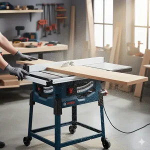 A Bosch benchtop table saw performing a precision rip cut on a long piece of oak lumber.