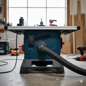 The rear dust extraction port of a Bosch table saw connected to a vacuum hose for a clean workspace.