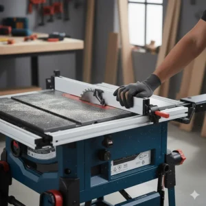 Close-up of the Bosch SquareLock rip fence ensuring precision alignment on the table saw surface.