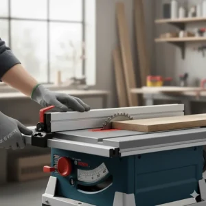 A worker adjusting the bevel angle on a Bosch benchtop table saw for a 45-degree miter cut.