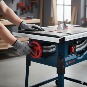 Detailed shot of the handwheel used to adjust the carbide-tipped blade height on a Bosch saw.