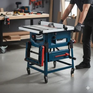 Side view of a compact Bosch benchtop table saw showing the integrated carry handles for portability.