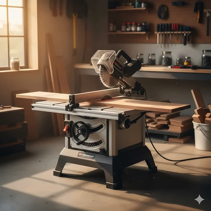 A high-performance compact benchtop table saw with a wood plank ready for cutting in a modern woodworking shop.