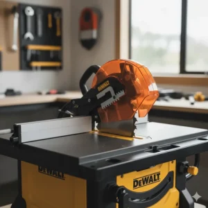 Illustration of the Site-Pro Modular Guarding System on a Dewalt benchtop table saw for user safety.