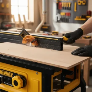 Illustration showing the wide rip capacity of a Dewalt benchtop table saw cutting a large sheet of plywood.