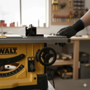 An illustration of the front-facing bevel adjustment wheel for setting precise blade angles on a Dewalt saw.