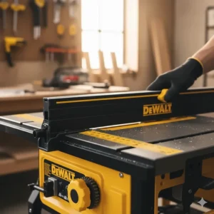 Close-up of the Dewalt rack and pinion telescoping fence rails for accurate cutting adjustments.