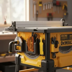 Detailed view of the onboard storage for the miter gauge, blade guard, and push stick on a Dewalt saw.