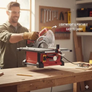 A person easily lifting a lightweight benchtop table saw to demonstrate portability for small shops.
