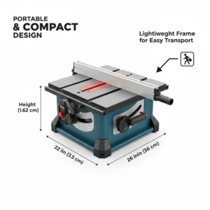 Illustration showing the dimensions and lightweight frame of a compact benchtop table saw for easy transport.