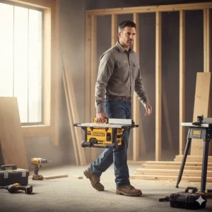 A worker carrying the lightweight Dewalt benchtop table saw to a job site using the integrated handle.