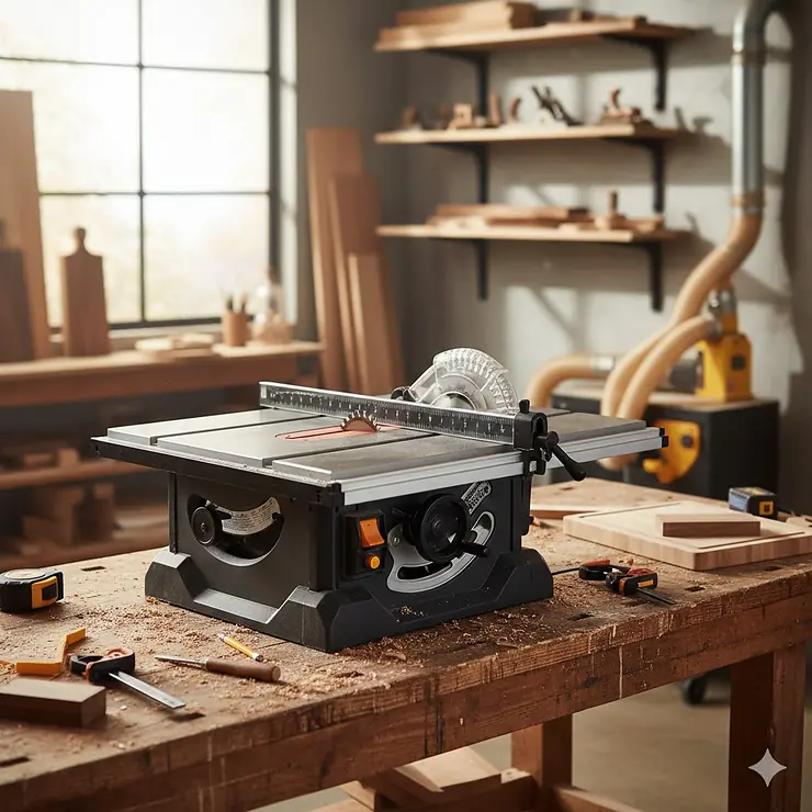 A professional benchtop table saw on a sturdy workbench in a modern woodworking studio, highlighting its compact and portable design.