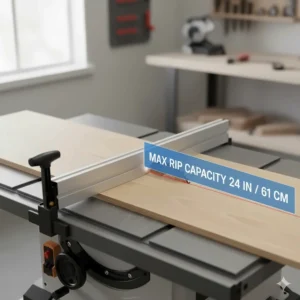 Diagram measuring the maximum rip capacity of a professional benchtop table saw for sheet goods.