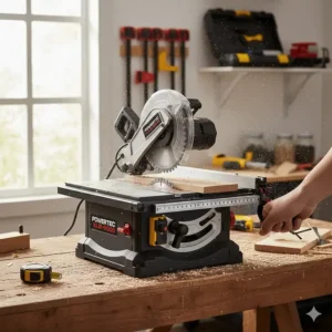 Adjusting the blade tilt for a 45-degree bevel cut on a compact benchtop table saw.