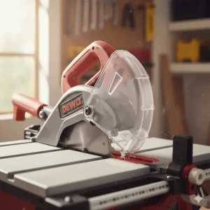 Close-up of a transparent blade guard and anti-kickback pawls on a budget-friendly table saw.