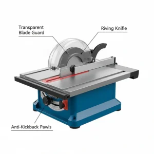 Detailed diagram of a compact benchtop table saw blade guard and riving knife assembly for user safety.