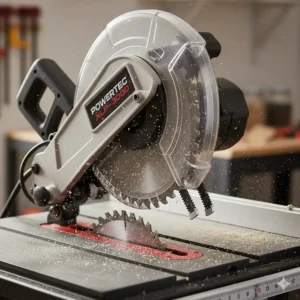 Transparent blade guard and anti-kickback pawls installed on a budget-friendly benchtop saw.