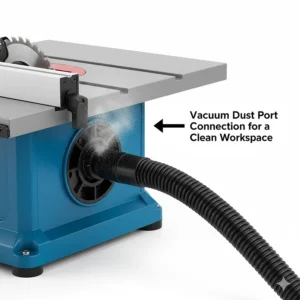 Close-up illustration of the vacuum dust port on a compact benchtop table saw to maintain a clean workspace.
