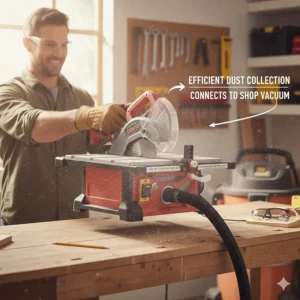 A shop vacuum hose connected to the rear dust port of a compact benchtop table saw.