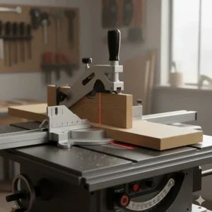 Illustration of a T-track miter gauge being used for precise crosscuts on a portable benchtop saw.