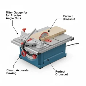 Illustration of a miter gauge being used on a compact benchtop table saw to perform a precise crosscut.