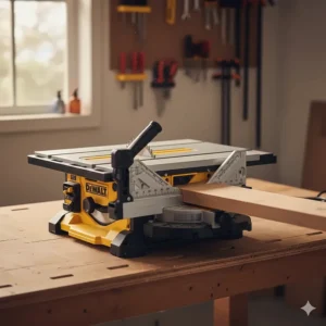 An adjustable miter gauge positioned in the slot of a 10 inch benchtop table saw for crosscutting.