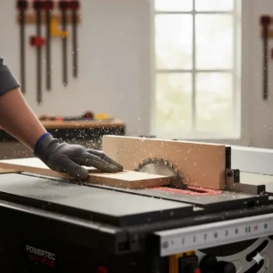 Using a miter gauge to make a precise crosscut on a piece of lumber with a benchtop table saw.