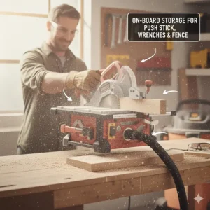 Illustration of the side-mounted storage for the push stick, wrenches, and fence on a portable saw.