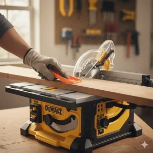 A woodworker using a safety push stick to feed lumber through a 10 inch benchtop table saw.