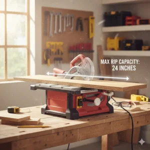 Diagram showing the rip capacity measurement on a benchtop table saw under 500 dollars.