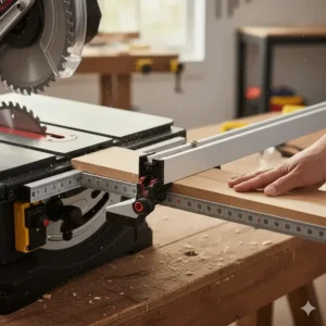 Close-up of the rip fence adjustment on a benchtop table saw under 300 showing scale accuracy.