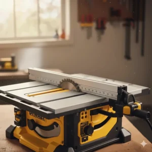 Close up of a 10 inch benchtop table saw rip fence showing wide cutting capacity scale.