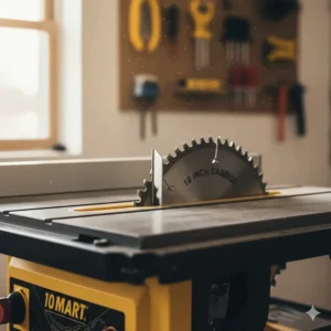 Detailed illustration of a riving knife positioned behind a 10 inch carbide-tipped saw blade.