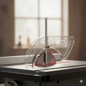 Technical drawing of a modular guard system and riving knife to prevent kickback on a table saw.