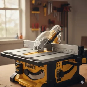 Transparent blade guard assembly installed on a 10 inch benchtop table saw for user safety.