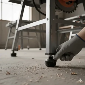 Close-up of the adjustable leveling feet on a rolling stand ensuring stability on an uneven jobsite floor.