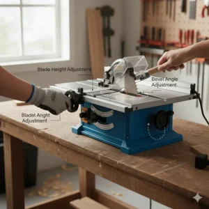 Close-up of a beginner adjusting the blade height and bevel angle on a benchtop saw.