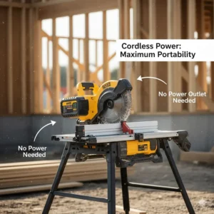 Illustration of a cordless, battery-powered jobsite table saw highlighting maximum portability without power cords.