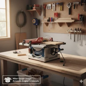 Illustration of a miter gauge being used on a benchtop table saw for accurate angled crosscuts.