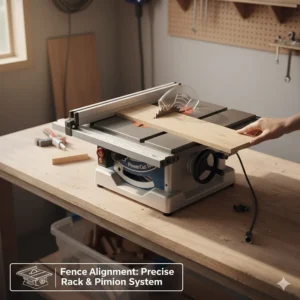 Top-down view illustrating a rack and pinion fence system for precise cuts in a small woodworking shop.
