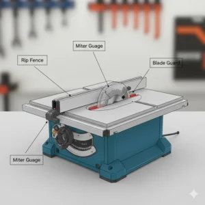 Diagram of benchtop table saw components including the rip fence and miter gauge for beginners.