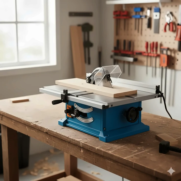 A portable benchtop table saw for beginners set up on a wooden workbench in a home garage.