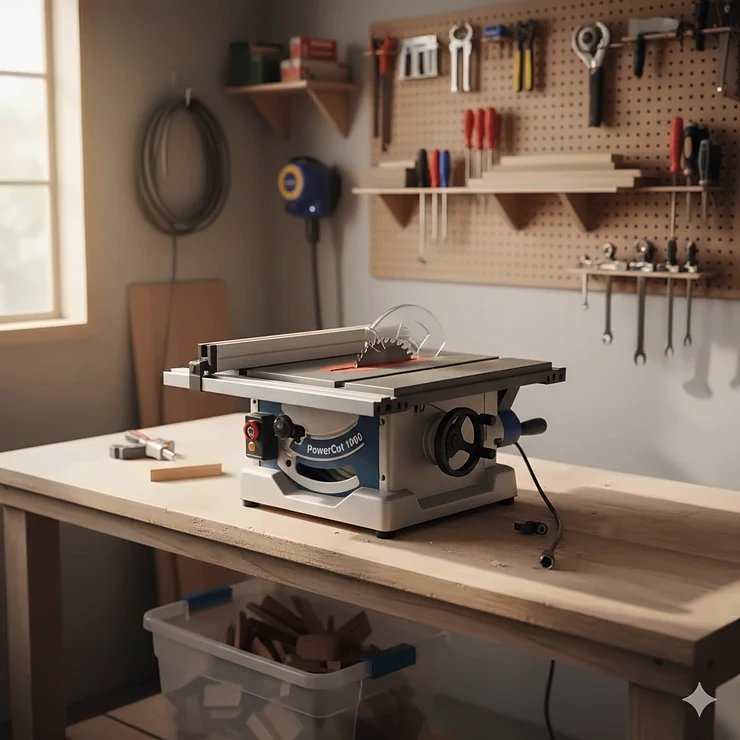 A compact benchtop table saw centered on a wooden workbench in a well-organized small garage shop. benchtop table saw for small shop
