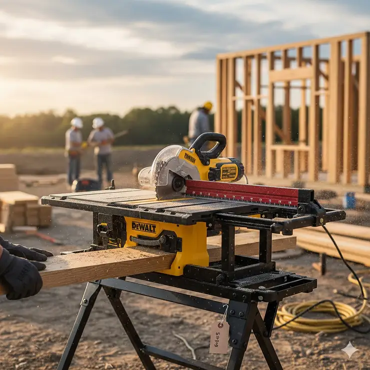 A high-performance portable jobsite table saw with a folding stand, positioned on a construction site. jobsite table saw under 400